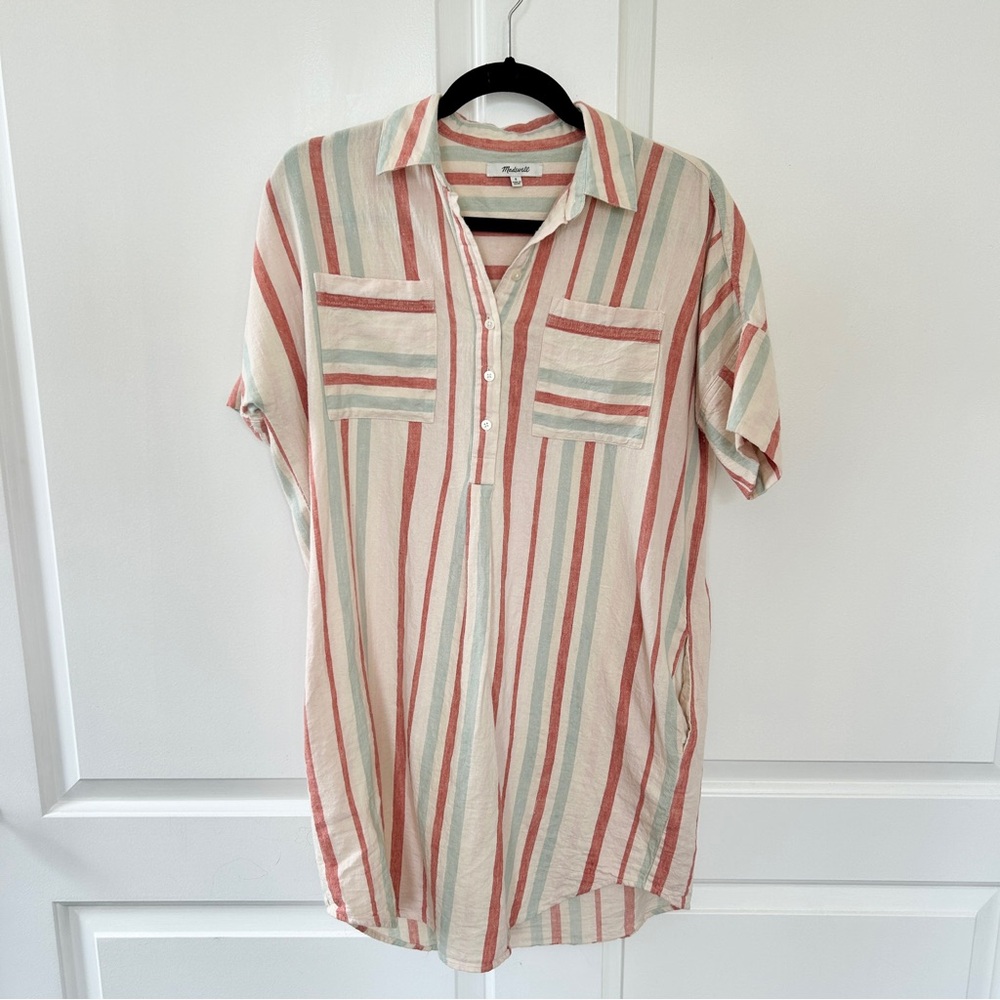 Madewell Courier Stripe Linen & Cotton Popover Dress — Small